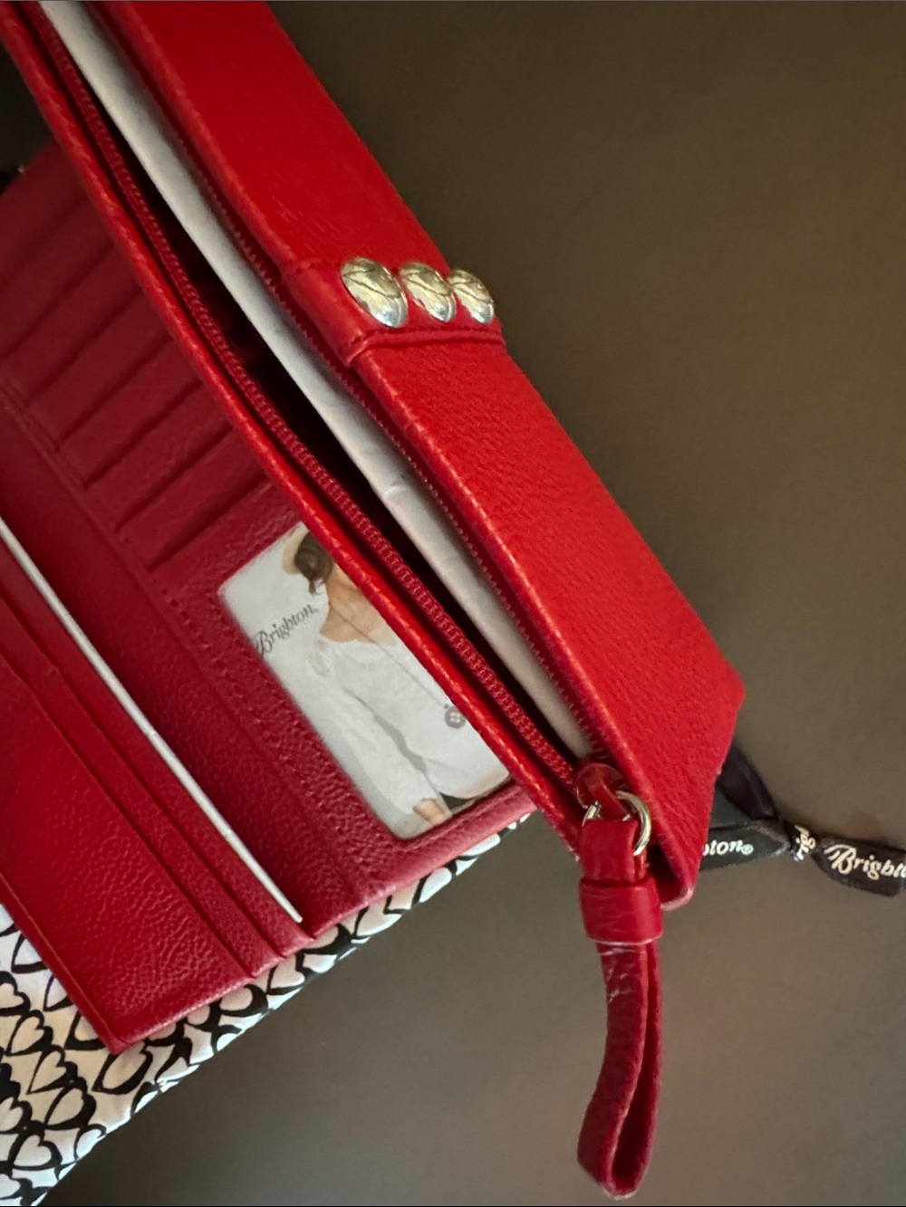 Brighton Crimson Red Leather Foldover Wallet with Silver-Tone Buttons - Picture 3 of 4
